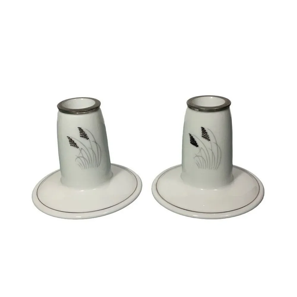 Fukagawa Arita Mid Century Modern Porcelain Taper Candle Holders Silver White